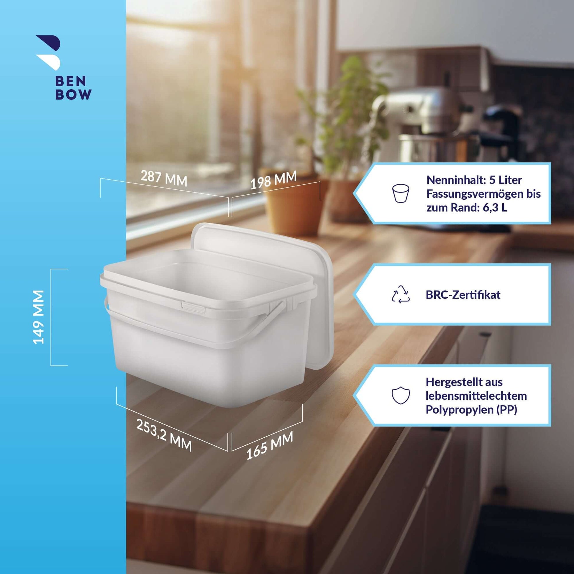 Rechteckiger Eimer mit Deckel 5L aus lebensmittelechtem Polypropylen, luftdicht und bruchsicher, ideal für Lagerung.
