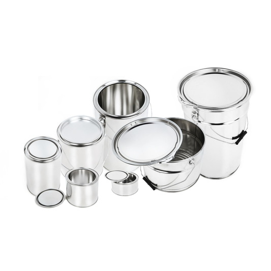 Leere Blechdose / Blecheimer aus Weißblech mit Deckel, verschiedene Größen