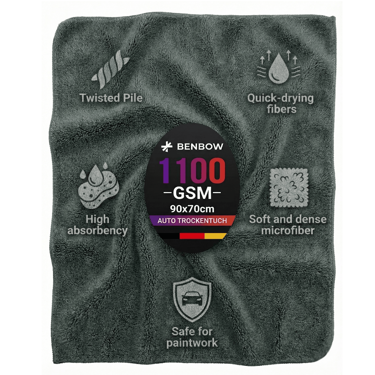 Auto Trockentuch XXL - 1100 GSM - 90x70 cm – Ultra Saugstarkes Mikrofasertuch Auto